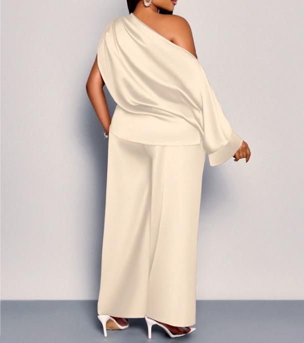 Summer Casual Women's Satin Suit with Asymmetrical Collar, Short-Sleeved Top and Long Pants Set