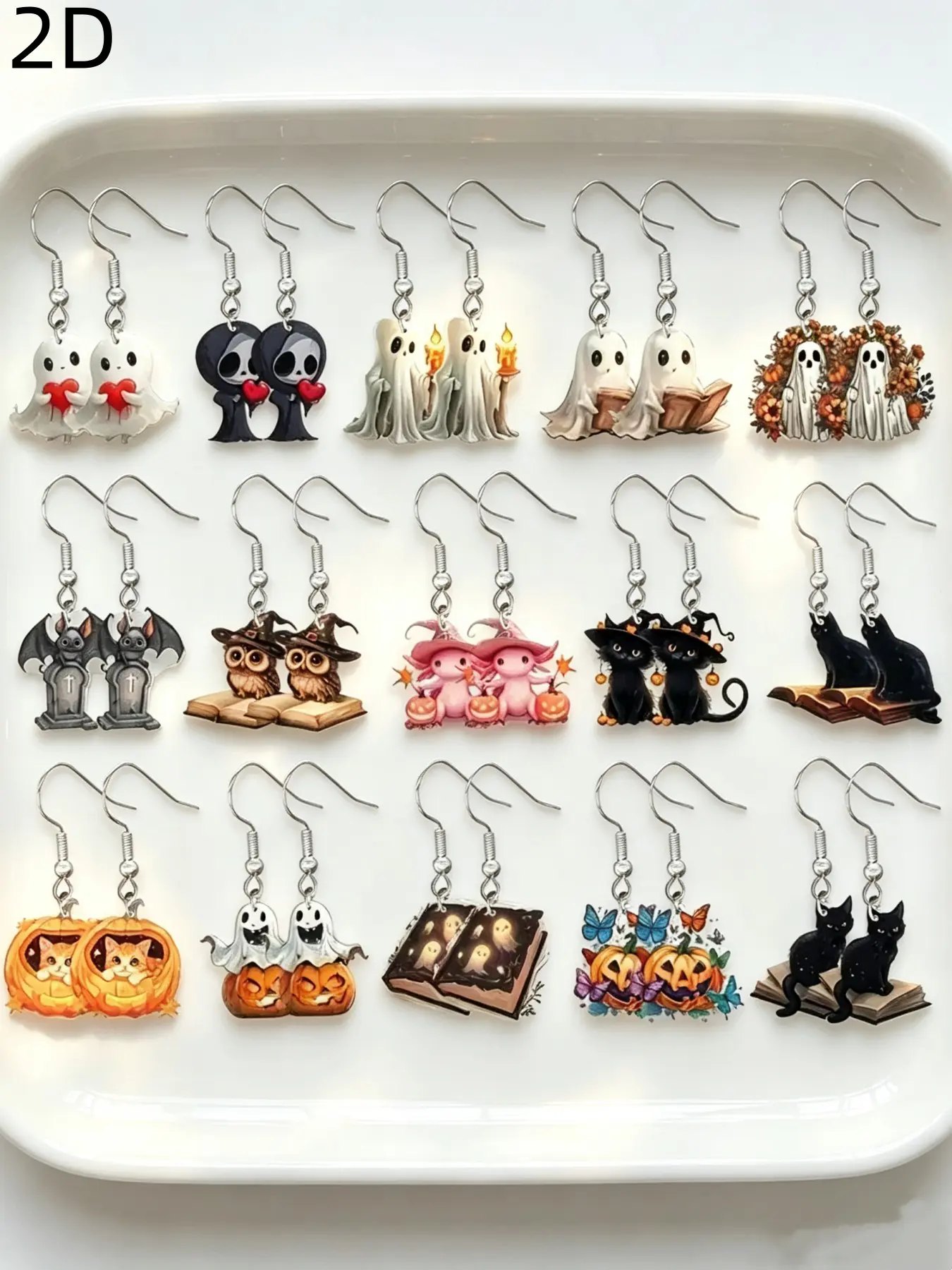 15 pairs / 2D Halloween earrings, Fashion earrings, featuring beautiful designs of ghosts, mummies, pumpkins, cats, skulls. These earrings are in a cartoon style and made of acrylic. They are gifts for Christmas, Halloween, Thanksgiving and New Year