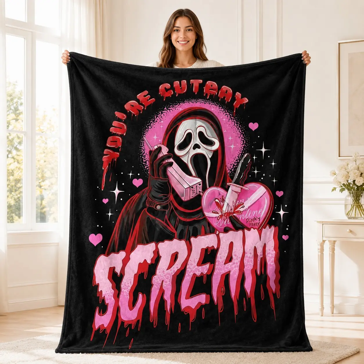 1pc Black Background Scream Pink Dark Sweet Themed Fleece Blanket, full print ghostface mask, vintage telephone, knife pierced heart, drip graffiti lettering, gothic dark sweet style, soft warm comfortable nap blanket, Blankets for sofa