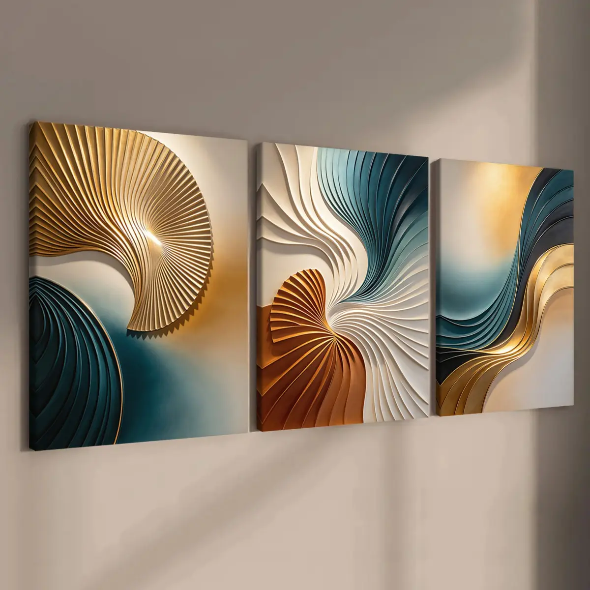3-count wooden-framed canvas, blue and gold fan-shaped high-end texture art poster, abstract poster, perfect living room decoration, modern art, fashionable poster, suitable for corridor bedroom, office, home wall art, waterproof, Canvas Decor Painting