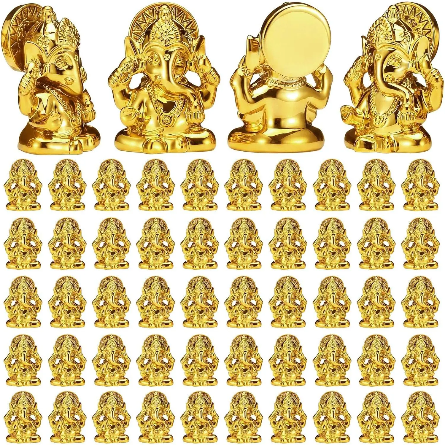 AceOrbit 50 Pcs Gold-Plate Resin Lord Ganesha Figurines Bulk, Traditional Religious Decorative Indian Elephant Ornaments for Diwali Pooja Return Gifts, Housewarming Decor, Metal, Home Supplies