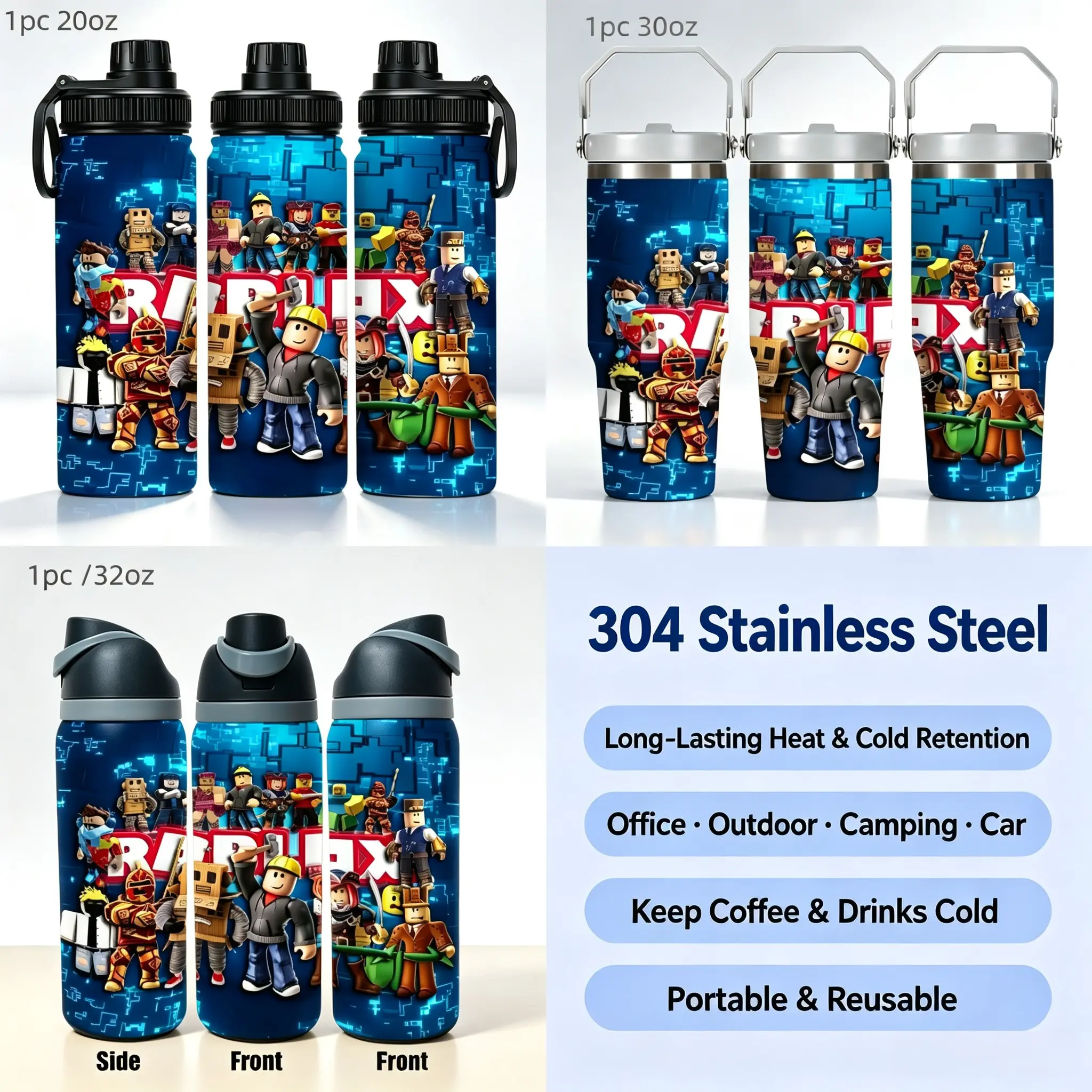 1pc Roblox Print 304 Stainless Steel Water Cup Tumbler, 20oz/30oz/32oz, Large Capacity, Insulated, Portable, Reusable, Car Camping Office Game Coffee Mug