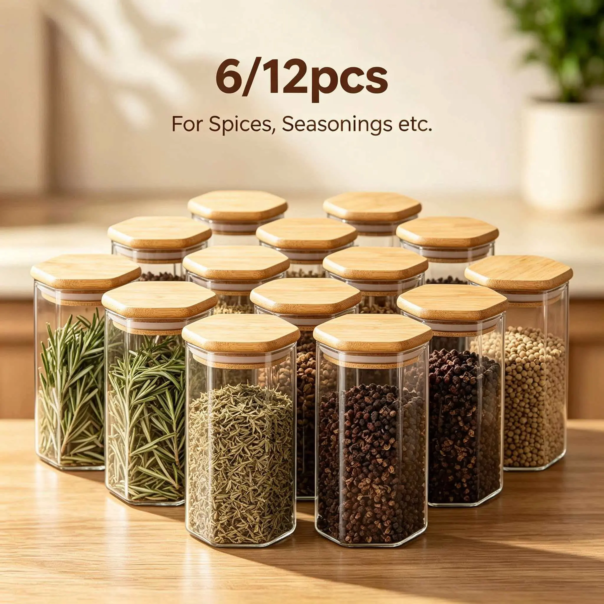 6/12 Pack 330ML Hexagonal Glass Spice Jars, Airtight Bamboo Lid, Clear Hexagon Glass Storage Jars, Glass Container Set, Kitchen Seasoning Containers, Food Storage Containers, Glass Canisters
