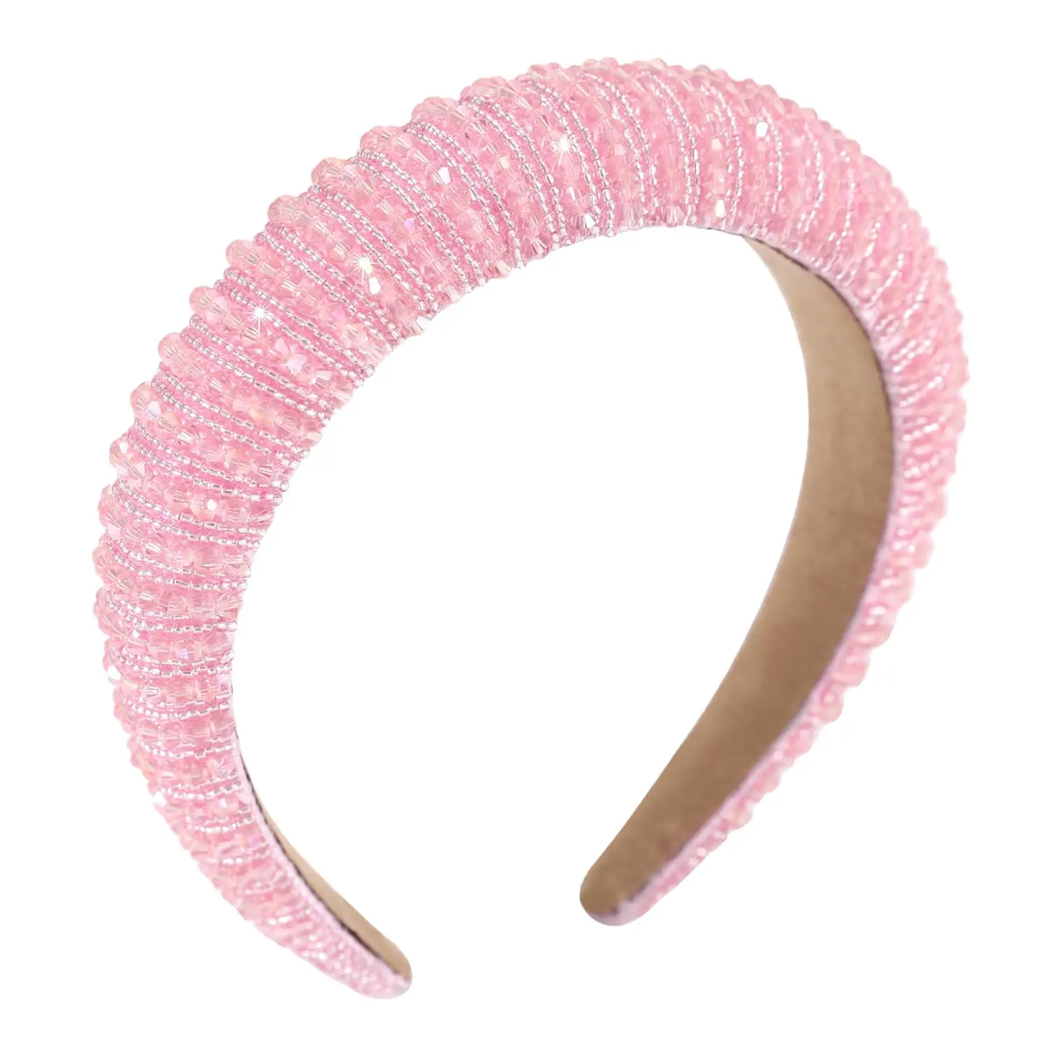 Beaded Rhinestone Headband for Women Girls Fashion Sparkly Crystal Headband Bling Thick Padded Hairband Fancy Jeweled Head Band Holiday Glitter Hair Accessories A-Pink
