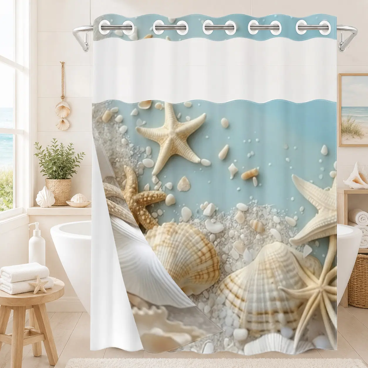 1Pc Hookless Double Layer Shower Curtain, Coastal Seashell Starfish Beach Print, Bathroom Makeover Decor Curtain, Water Repellent Washable Fabric, Removable Snap-in Liner, Top See-Through Window, For Apartment, Hotel, Guest Bath