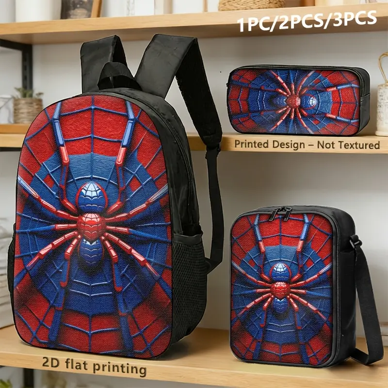 Boys' Oxford Spider Web Bag Set - Red & Blue Bold Print, Adjustable Kids School Backpack with Matching Zippered Shoulder Bag & Pencil Case, 1/3-Piece Options, Aesthetic