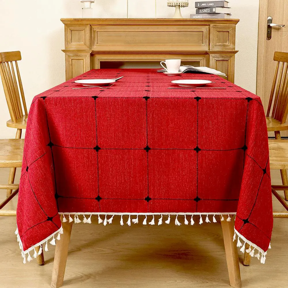 Outdoor Linen Rectangular Tablecloth, Cotton Boho Country Tassel Tablecloth, Heavy Wrinkle-Resistant Table Cover for Picnic and Camping - 55×70 Inches, Multiple Styles Available