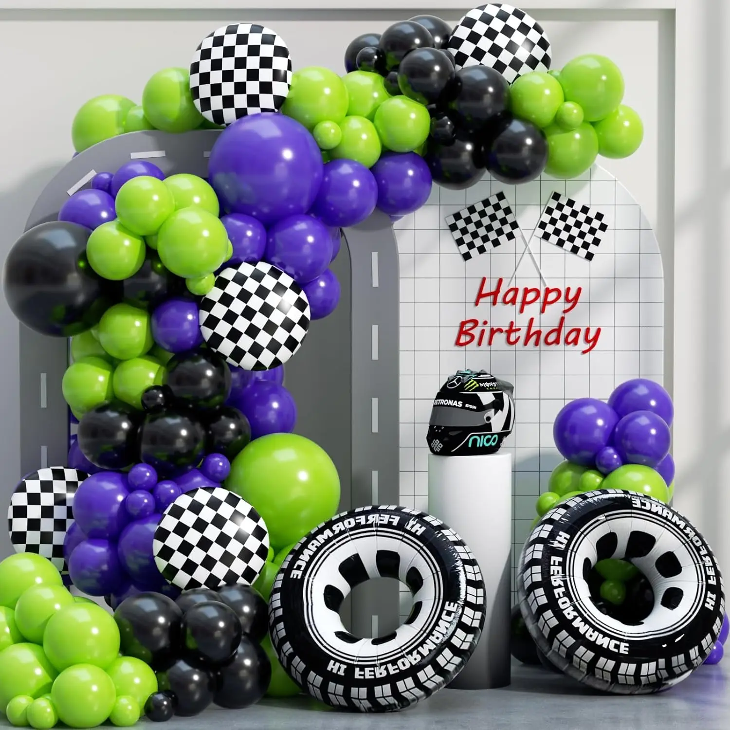 Monster Truck Balloon Arch Garland Kit, 156pcs - Green Purple Black Silver Big Wheels Race Cars Balloon Kit for 1 Fast Theme Boy Theme Party Decor, Birthday & Anniversary Monster Truck Jam Party Decor