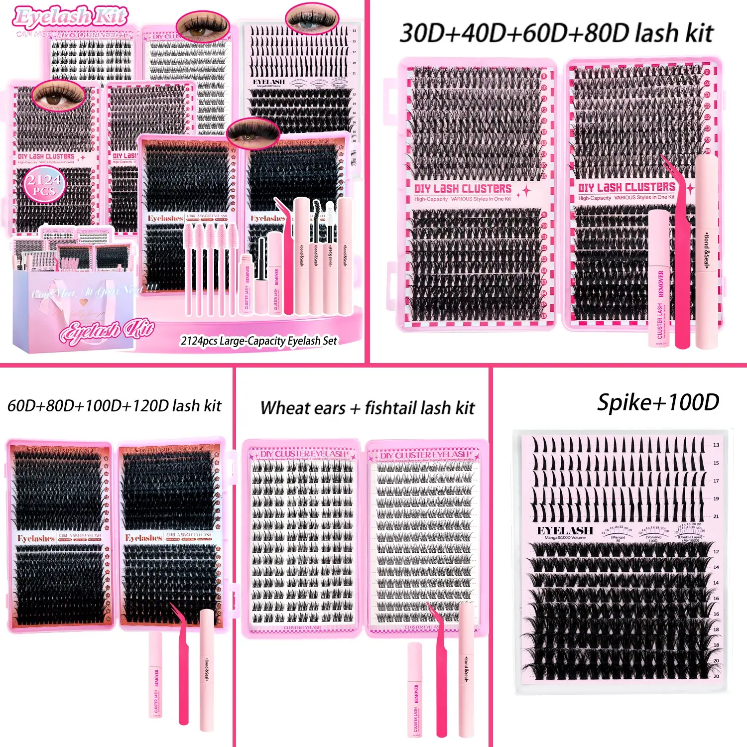 2124 pcs Lash Extension Set, Dramatic Volume Eyelash Mixed-Style D-Curl DIY Individual Lashes 30D–120D, Spike Lashes 9–18 mm with 2 Bond and Seal, Remover, Tweezers and 5 Brushes, Easy for Beginners, DIY Volume Eyelashes