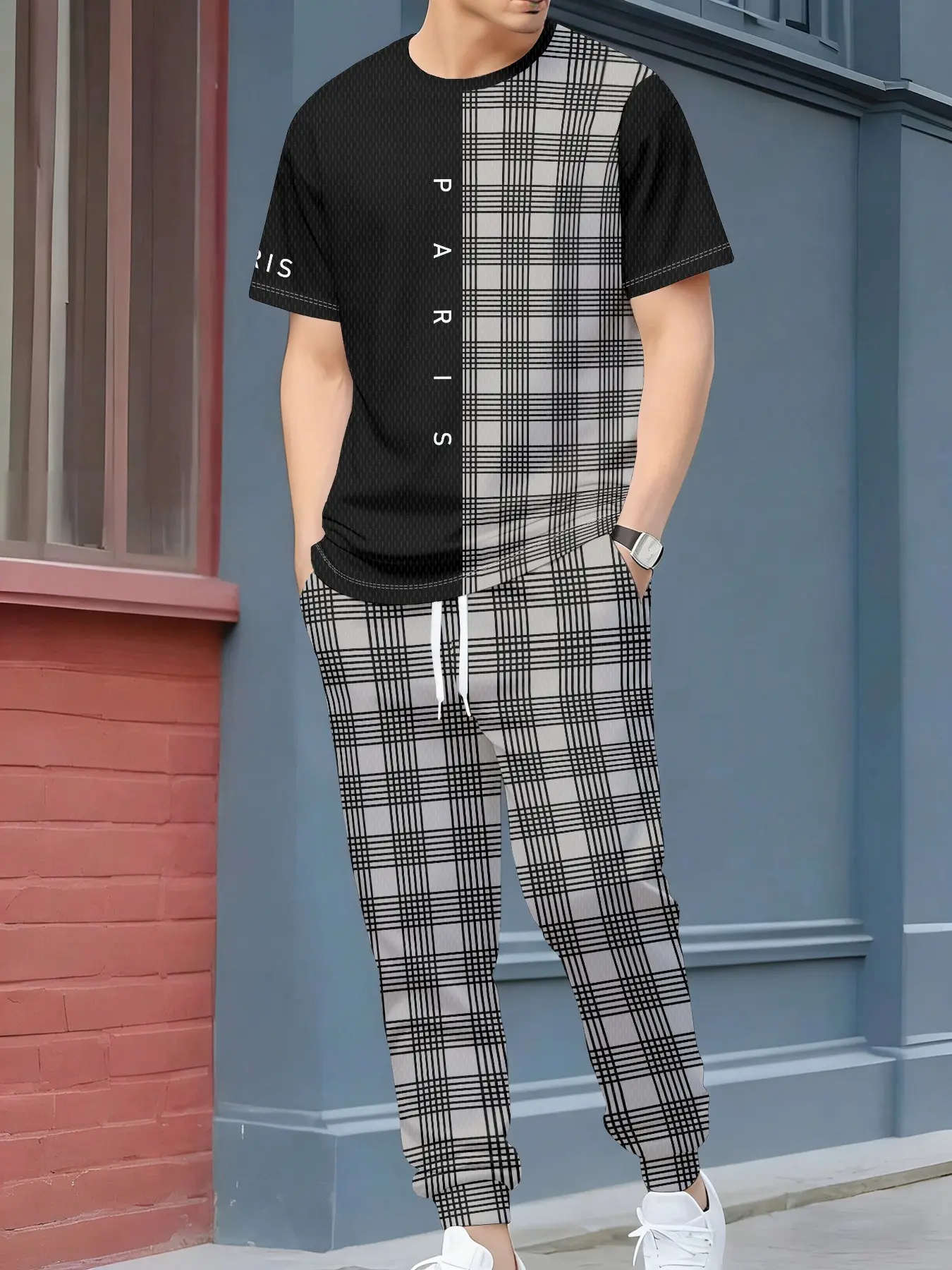 Men's Plaid Casual Set, Short Sleeve T-Shirt with Checkered Long Pants, Fashion Two-Piece, Spring & Fall Street Style