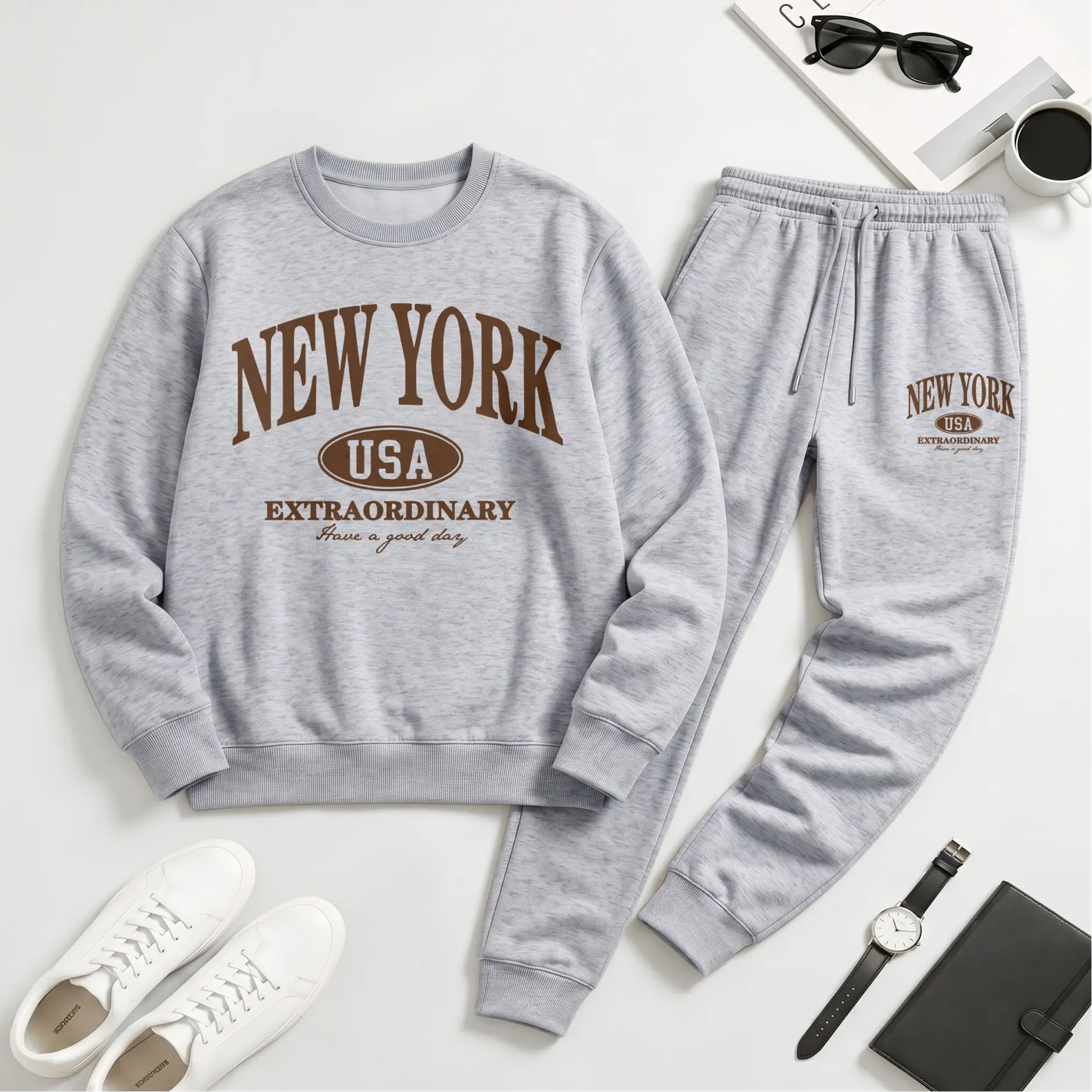 Male 2-Piece Polyester Athletic New York Graphic Tracksuit Set - Casual Loose-Fit Long Sleeve Crewneck Sweatshirt, Breathable Drawstring Jogger Sweatpants, Soft Fall Winter Outfit for Daily Wear, Workout, Machine Wash