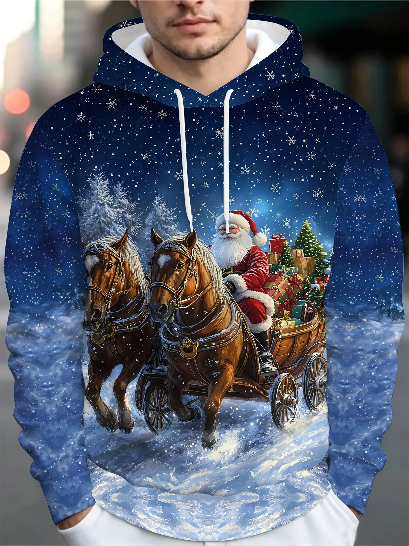 Men's 3D Full Print Santa Sleigh & Reindeer Hooded Sweater - Winter Warm, Loose, Casual Pullover, Full Zip Hood, Machine Washable, Snowy Flickering Lights Design - Festive Holiday Winter Clothing