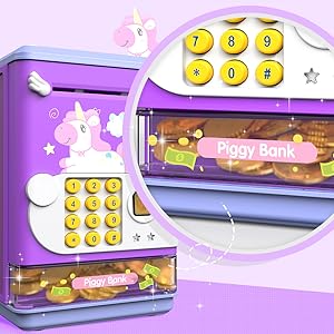 ZY   Mini ATM Savings Machine with Personal Password & Fingerprint Unlocking Simulation - Music Box with Songs for, Boys and Girls 3-8 Years (Purple) Decor Piggy Transparent Set Ornaments Pink Add Swipe Card Function