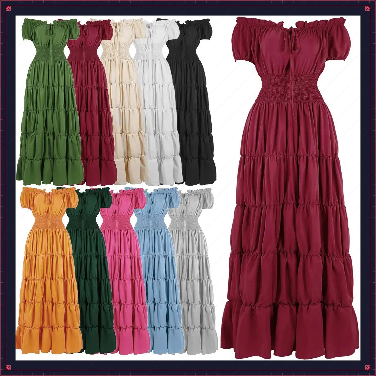 Renaissance Costume Women Medieval Irish Under Dress Retro Gown Peasant Smocked Waist Long Dresses Halloween Costumes Girls Corset Dress