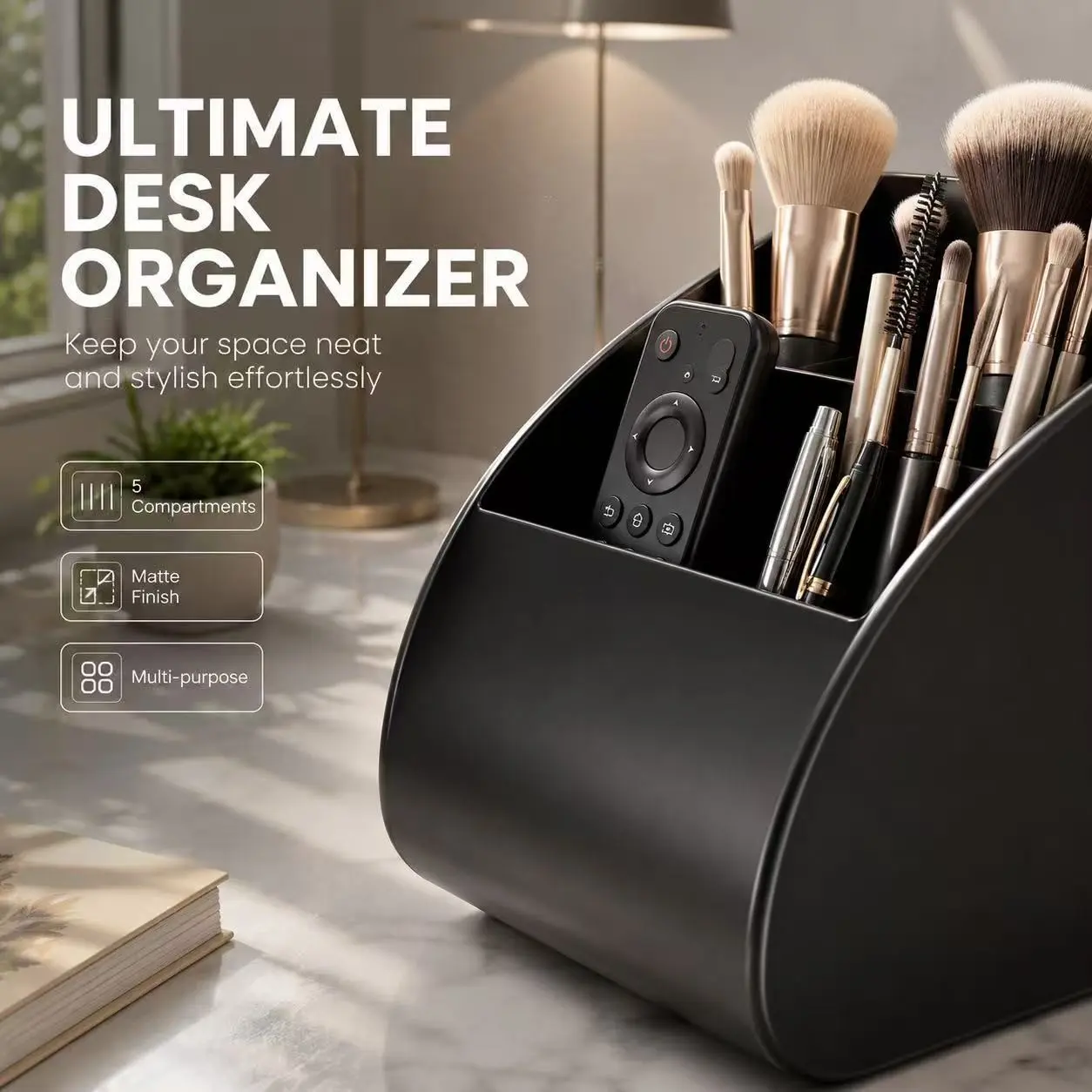 Space-Saving 5-Grid Tabletop Storage Organizer Box, Multi-Purpose Remote Control & Cosmetic Tray For Bedside Desk Living Room, Holds Remotes Pens Eyeglasses Small Office Sundries, Desk Organizers With Compartments