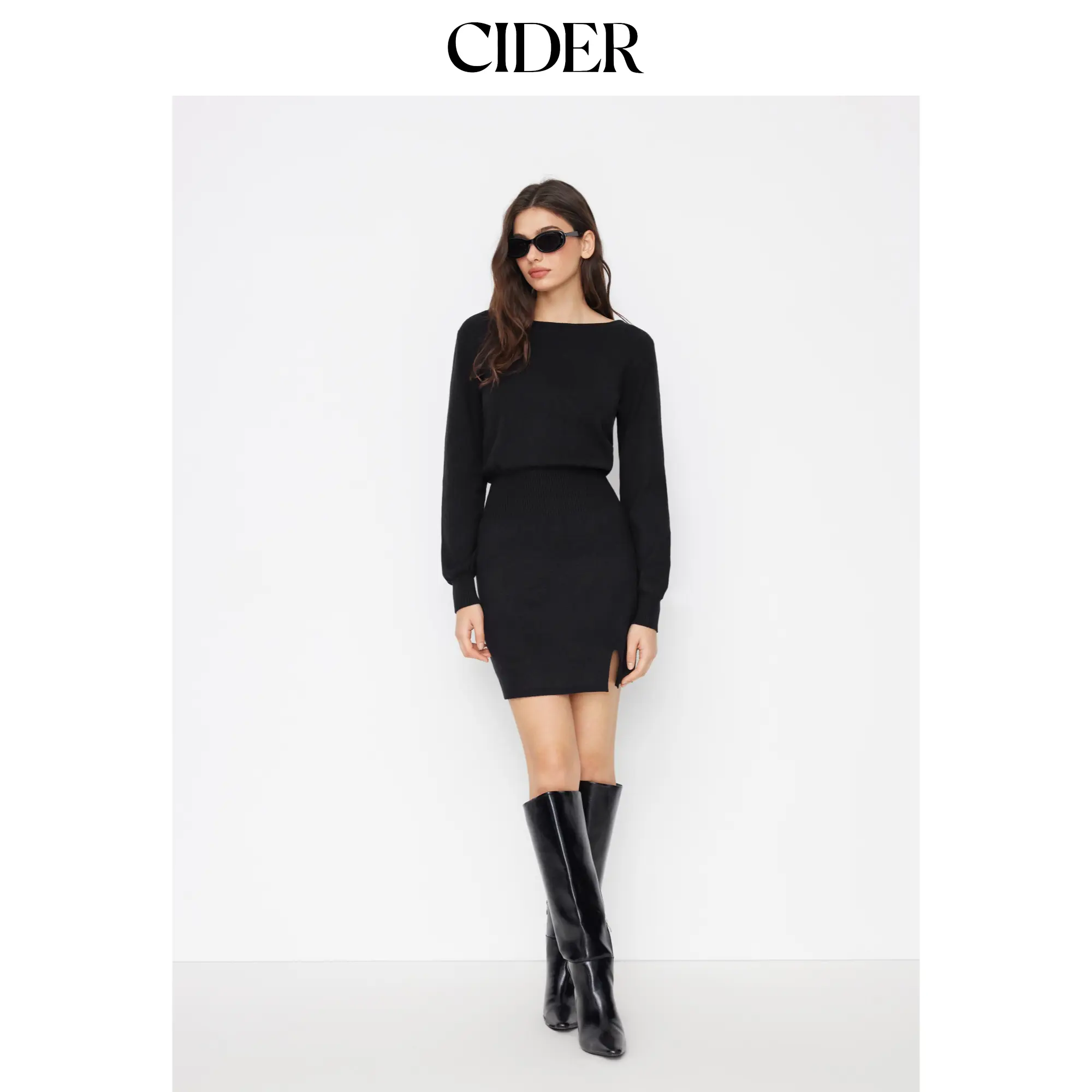 Cider Knit Boat Neck Long Sleeve Split Mini Dress SummerFinds