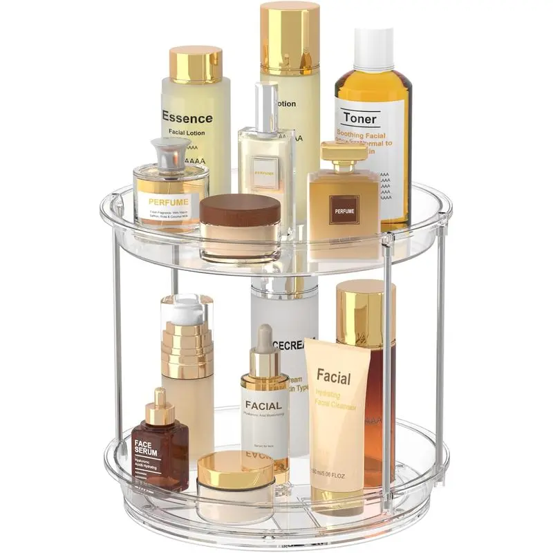 360 Rotating Makeup Organizer, 2 Tier Skincare & Perfume Holder for Bathroom Counter, Clear Spinning Vanity Tray, Lazy Susan Turntable Organizer for Dresser, Kitchen Cabinet