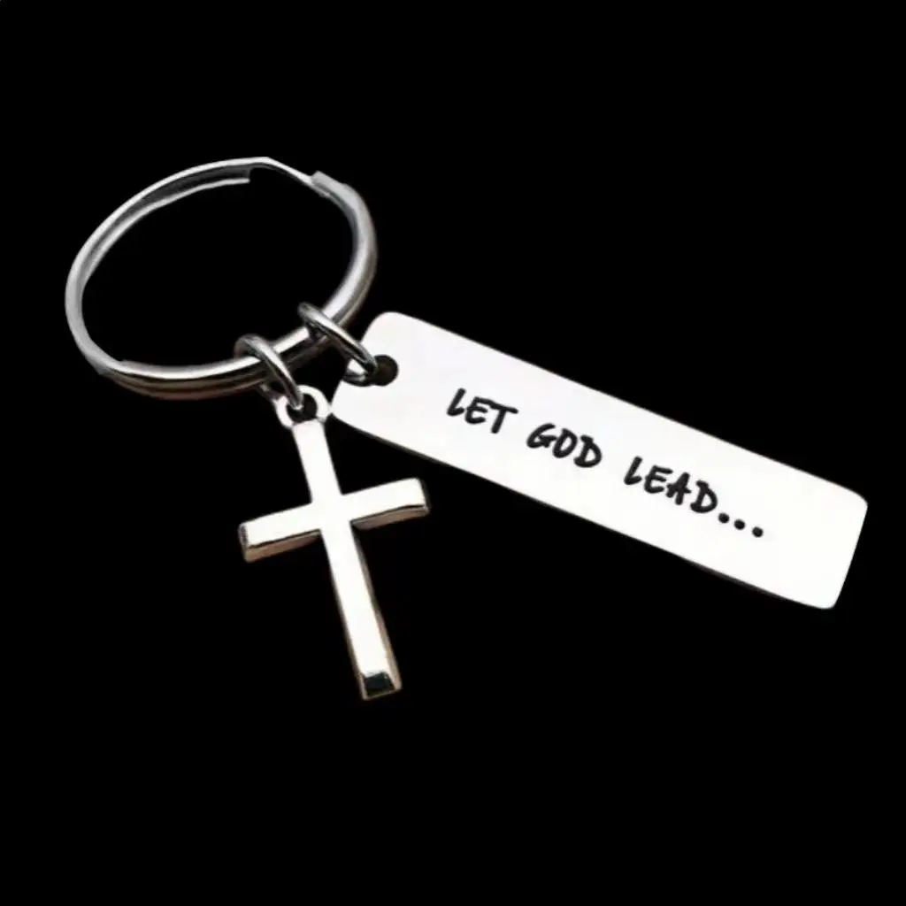 Engraved Cross Inspirational Stainless Steel Keychain, "Let God Lead" Christian Faith Charm, Baptism & Confirmation Religious Gift