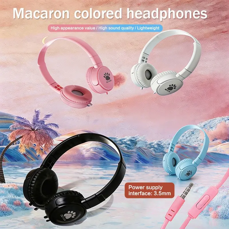 Macaron Color Over-Ear Wired Stereo Headphones, Wired Audio Dual Mode Compatible with All 3.5mm Jack Devices, Comfortable On-Ear Earphone, Wired Electronic Earphones