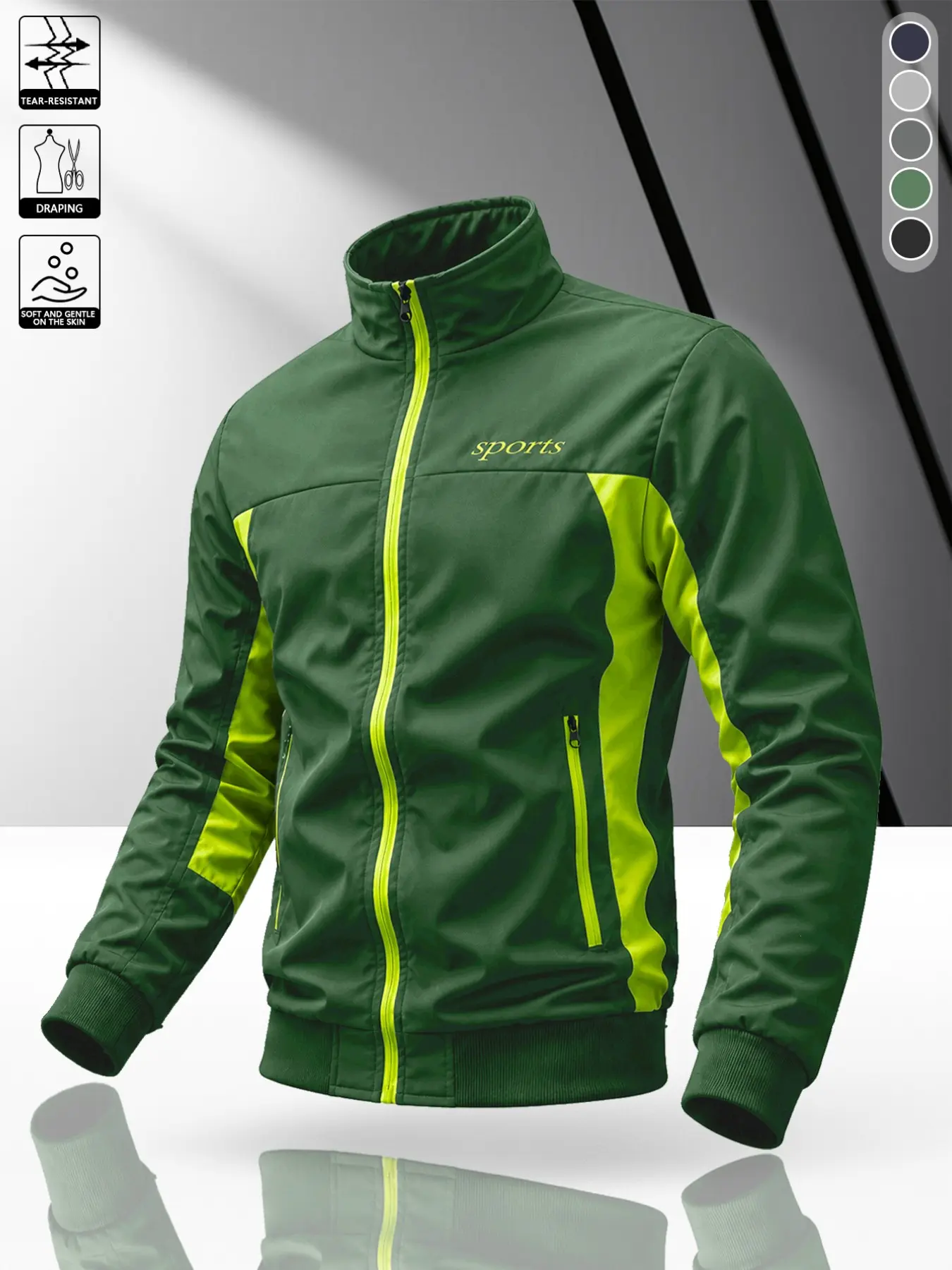 Men's Fluorescent Colorblock Stand Collar Sport Jacket, Side Panel Patchwork, Multi-Color Breathable Windproof Fitness Commuter Coat