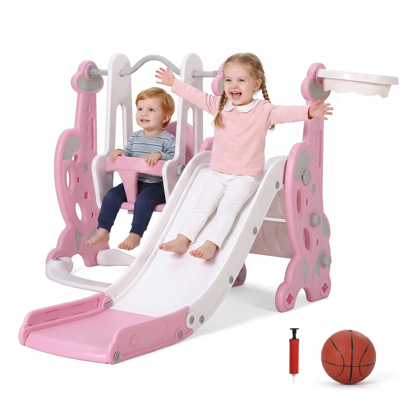 4-in-1 Kids Indoor Playset with Slide, Swing, Climbing Wall and Basketball Hoop, Toddler Activity Center for Ages 1–5, Pink and White