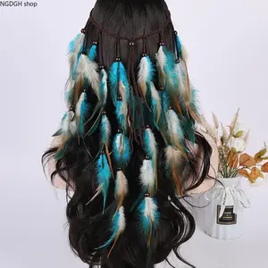 Feather Head Chain - Beaded Boho Feather Hair Accessory for Women, Festival Party Hippie Headpiece, Trendy Long Feather Extension & Bohemian Style Jewelry