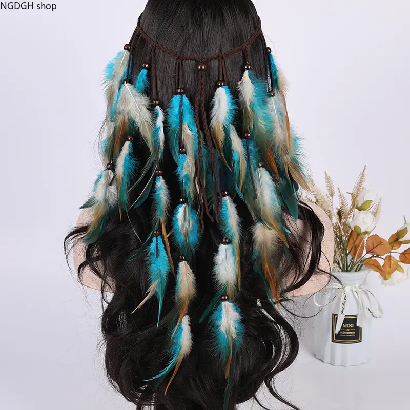 Feather Head Chain - Beaded Boho Feather Hair Accessory for Women, Festival Party Hippie Headpiece, Trendy Long Feather Extension & Bohemian Style Jewelry