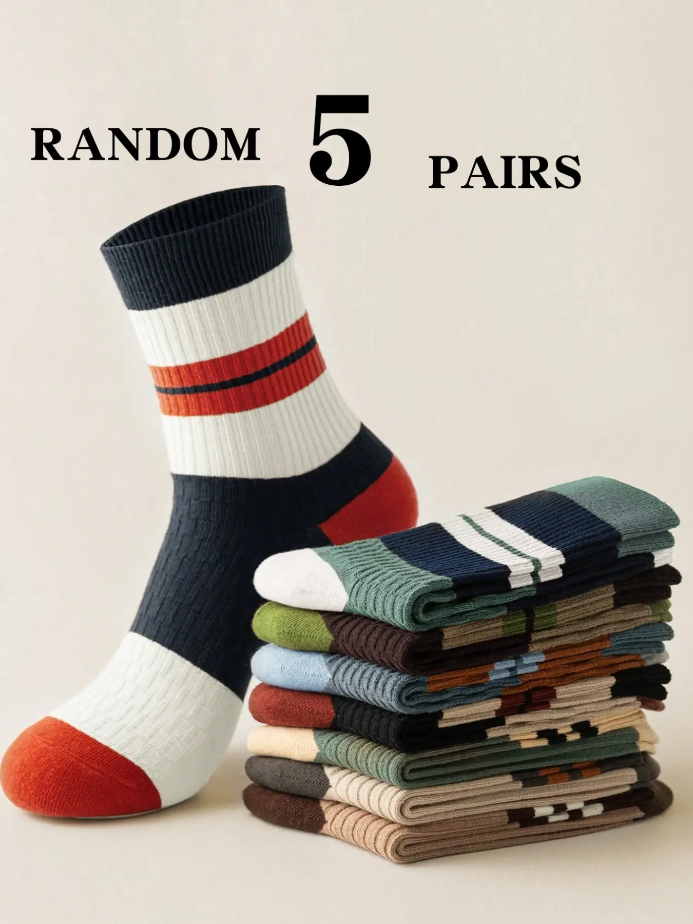 Random 5 Pairs Vintage Colorblock Striped Crew Socks, Casual Daily Socks, Comfortable Mid-Calf Design, Perfect for Daily Wear & Stylish, Sock Packs