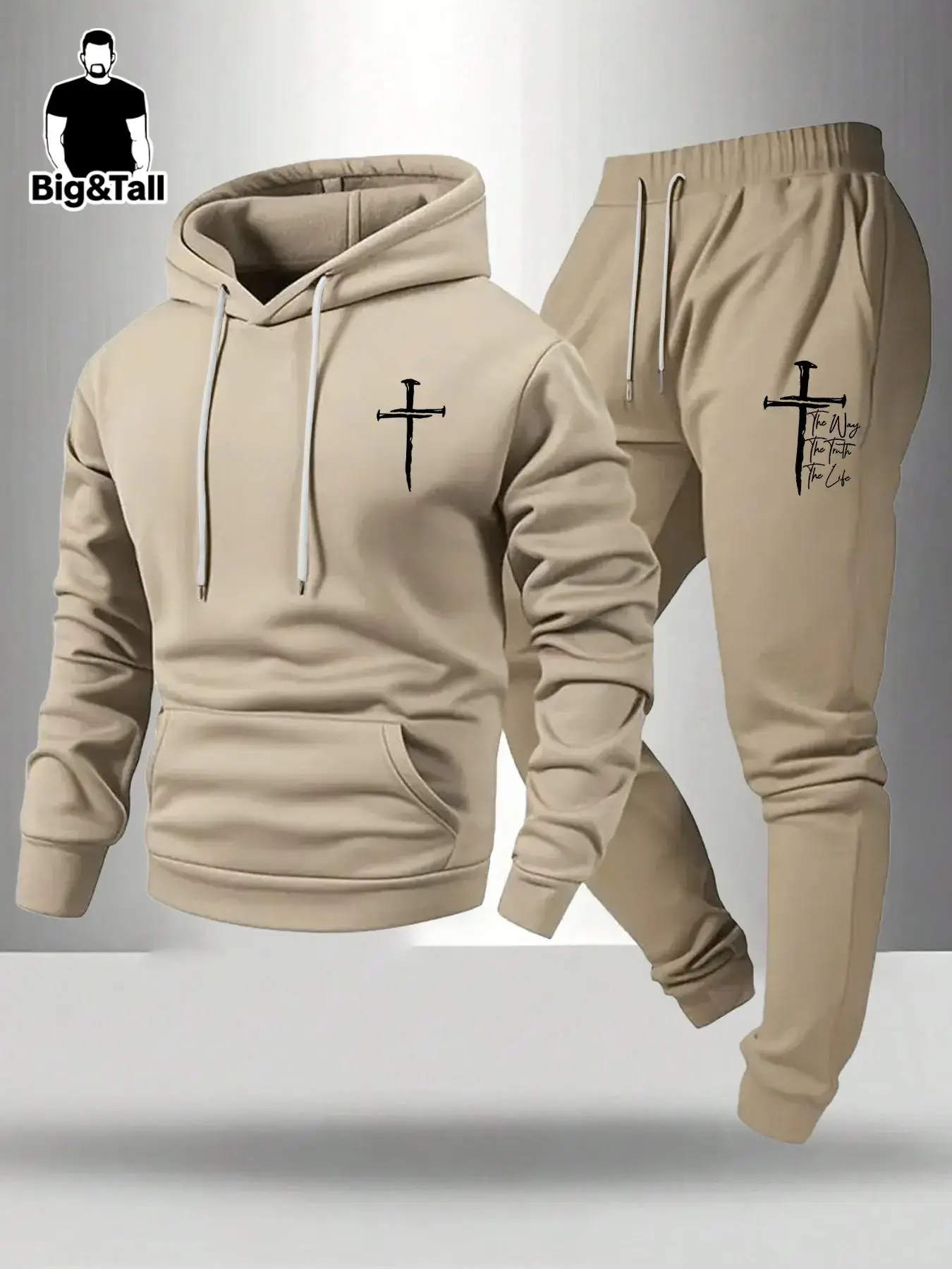 Men's Plus Size Two-Piece Set Hoodie and Pants, Fashionable Streetwear, Hip-Hop Rap Style, Casual Outdoor Gym Wear, Athleisure Set