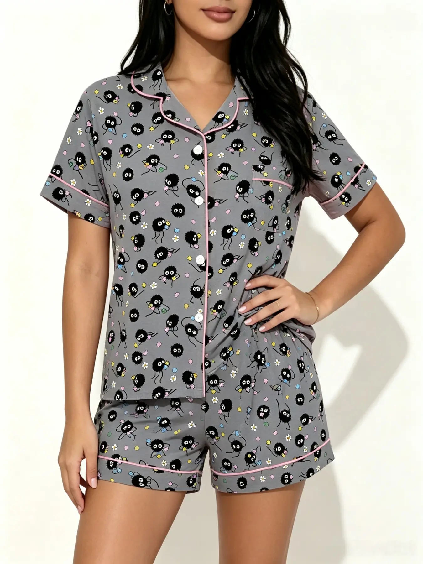 Teenage Cute Aesthetic Coal Sprite Print Pajama Set, Short Sleeve Open Front Top with Shorts, Soft Home Wear, Anime Lovers' Japanese Style Sleepwear, Loungewear Pjs Set