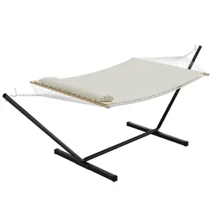 Durable Double Hammock with Stand, Reversible Quilted Pad & Hardwood Spreader Bars, Portable Outdoor Hammock for Patio & Balcony