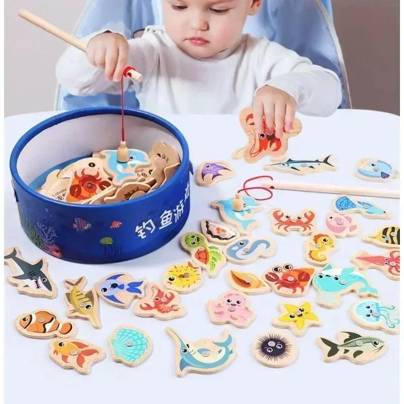 Montessori Wooden Fishing Toy, Cartoonish Marine Life Cognition Game, Parent-Child Interactive Educational Maths Toy for Children, Early Years