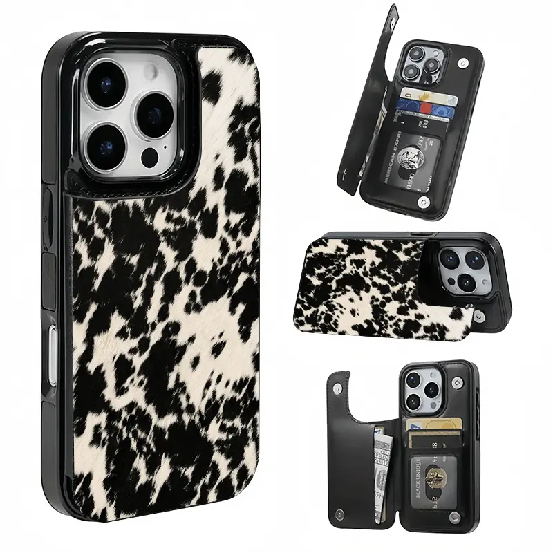 Black and White Cow Print Card Holder, This phone case features a card slot function, can store bank cards, transit cards and other cards, suitable for iPhone 17/16/15/14/13/12, and makes a great gift for girls.