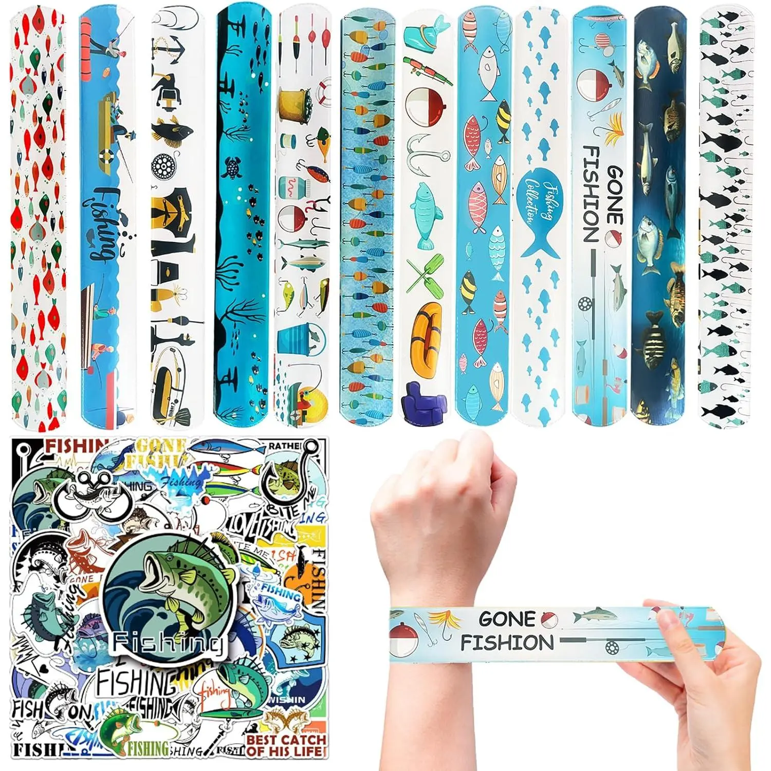 74 count Fishing Theme Party Favors 24 count Fishing Theme  Bracelets 50 count Fishing Theme Stickers Fishing Theme Birthday Party Decorations,Classroom Rewards Supplies