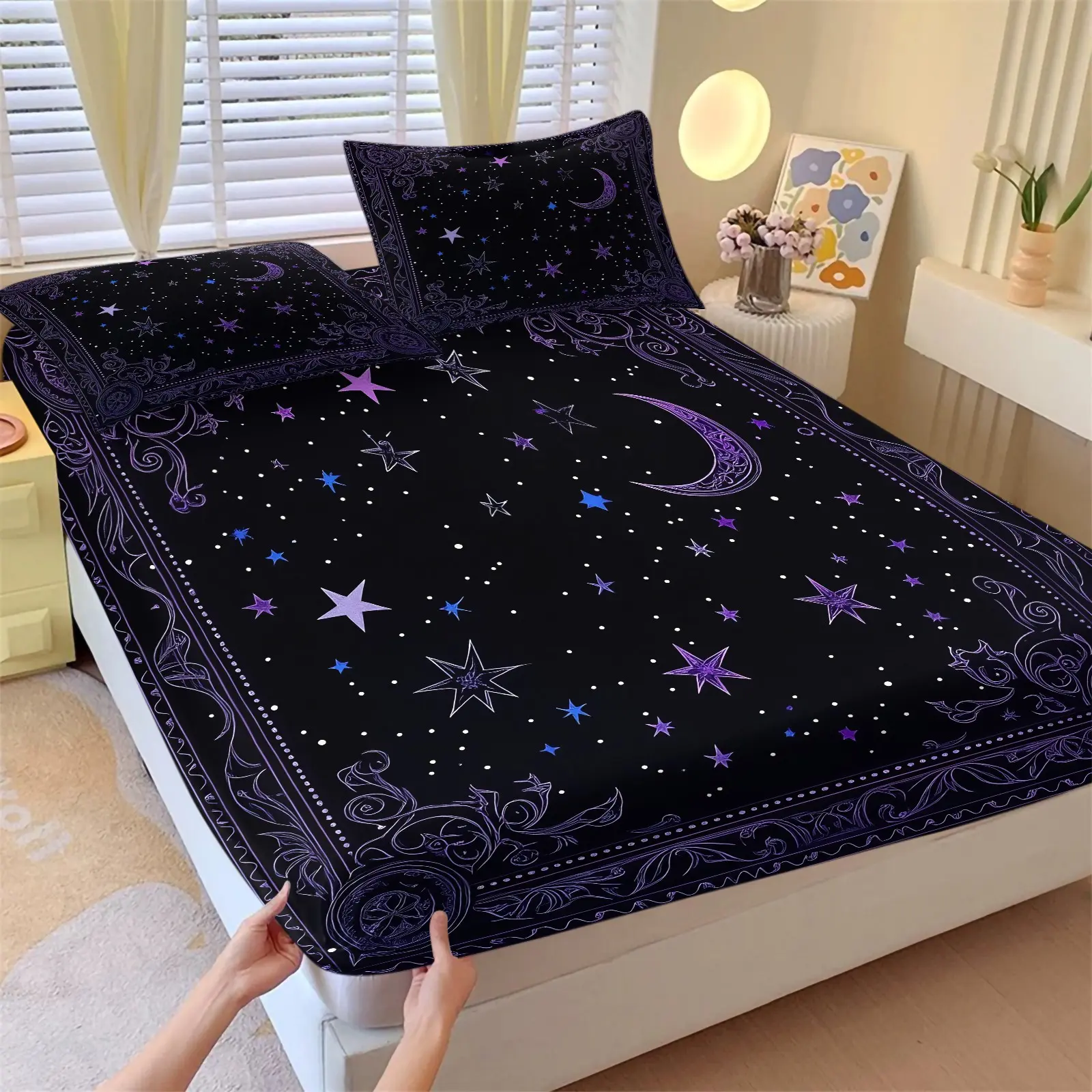 Purple Celestial Moon Star Fitted Sheet Set, 1 Fitted Sheet + 2 Pillowcases - 3 Piece, Comfy Bedding Sets, Soft Microfiber Deep Pocket Design, Mystic Witchy Galaxy Bedroom Decoration, Gift for Gothic & Astrology Enthusiast