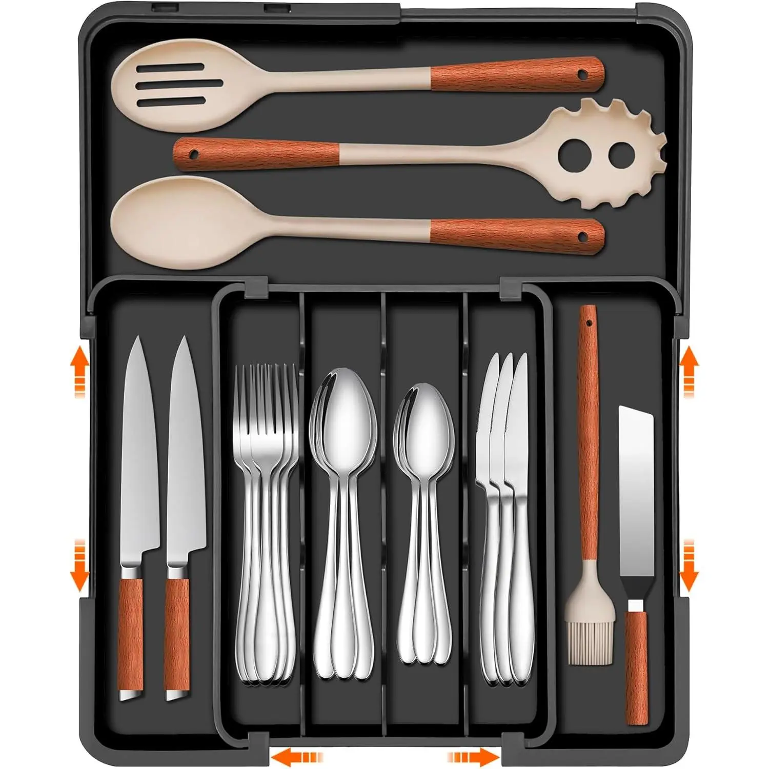 Silverware Organizer - Expandable Kitchen Drawer Organizer, Utensil Drawer Organizer, Adjustable Plastic Flatware and Cutlery Holder, Kitchen Organizers Storage for Forks Knives, Black