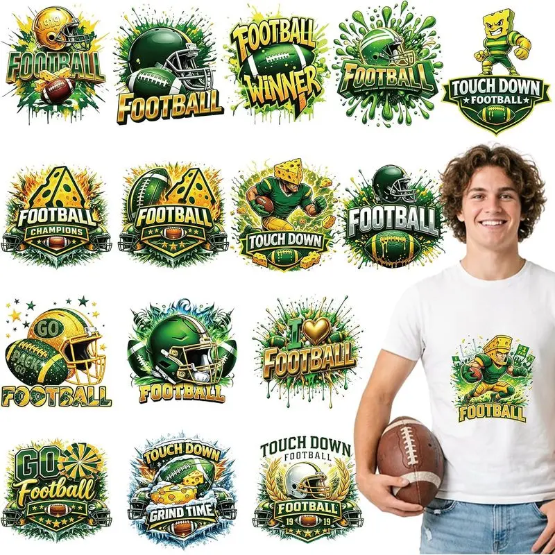Green Football Iron on Transfers - 16 Sheets Sport DTF Ready to Press Bulk Heat Patches Sticker Rugby Ball Lovers Vinyl Decal for T Shirts Clothes Pillow Bag Hoodies DIY Crafts Decorations