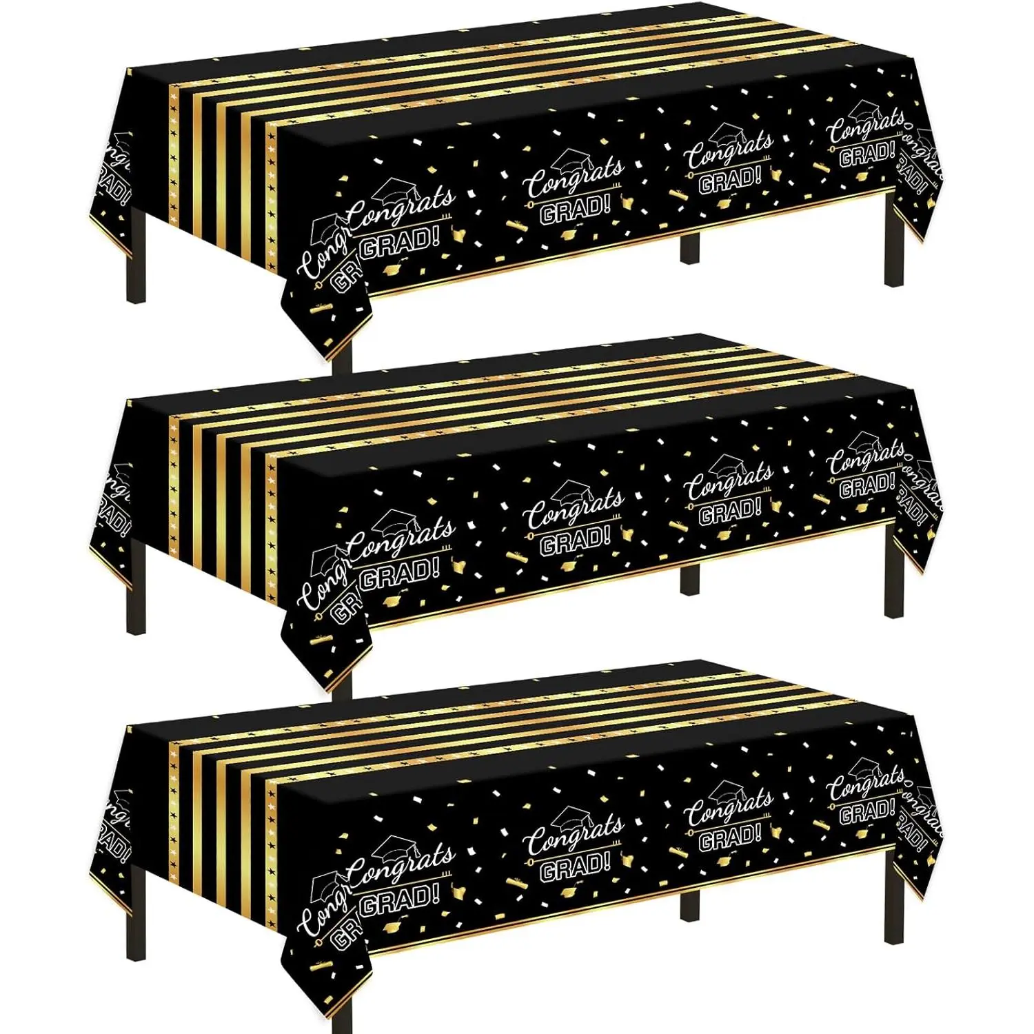 3 Pack Graduation Tablecloth,Graduation Decorations Class of 2026 Graduation Party Decorations,54"x108" Black and Gold Plastic Table Cloth Disposable Rectangle for Home,School,Party Supplies