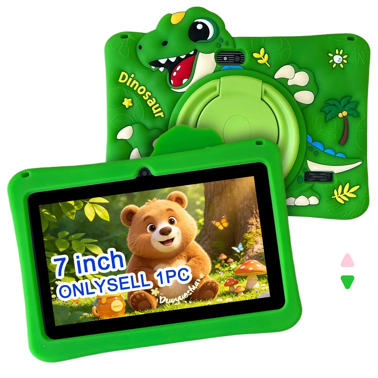 Summer Cute 7 Inch Kids Tablet, 5G WiFi, Full HD Screen, Dual Cameras, Full Shockproof Case, For Online Class, Study & Entertainment, Gift for Easter Halloween Christmas Birthday, Boys & Girls, Pink & Green, USB Cable Included, No Power Adapter