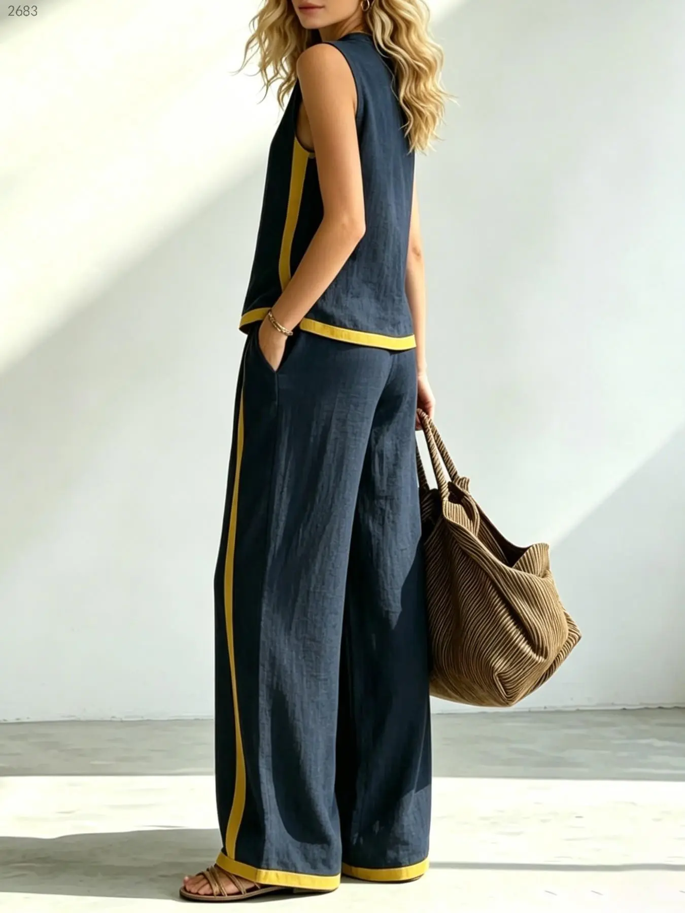 D2683 Comfy Summer Boho Matching Tank Top and Pants Set with Pockets, Patchwork Sleeveless Top, Breathable Wide Leg Pants, Casual Beach for Women.