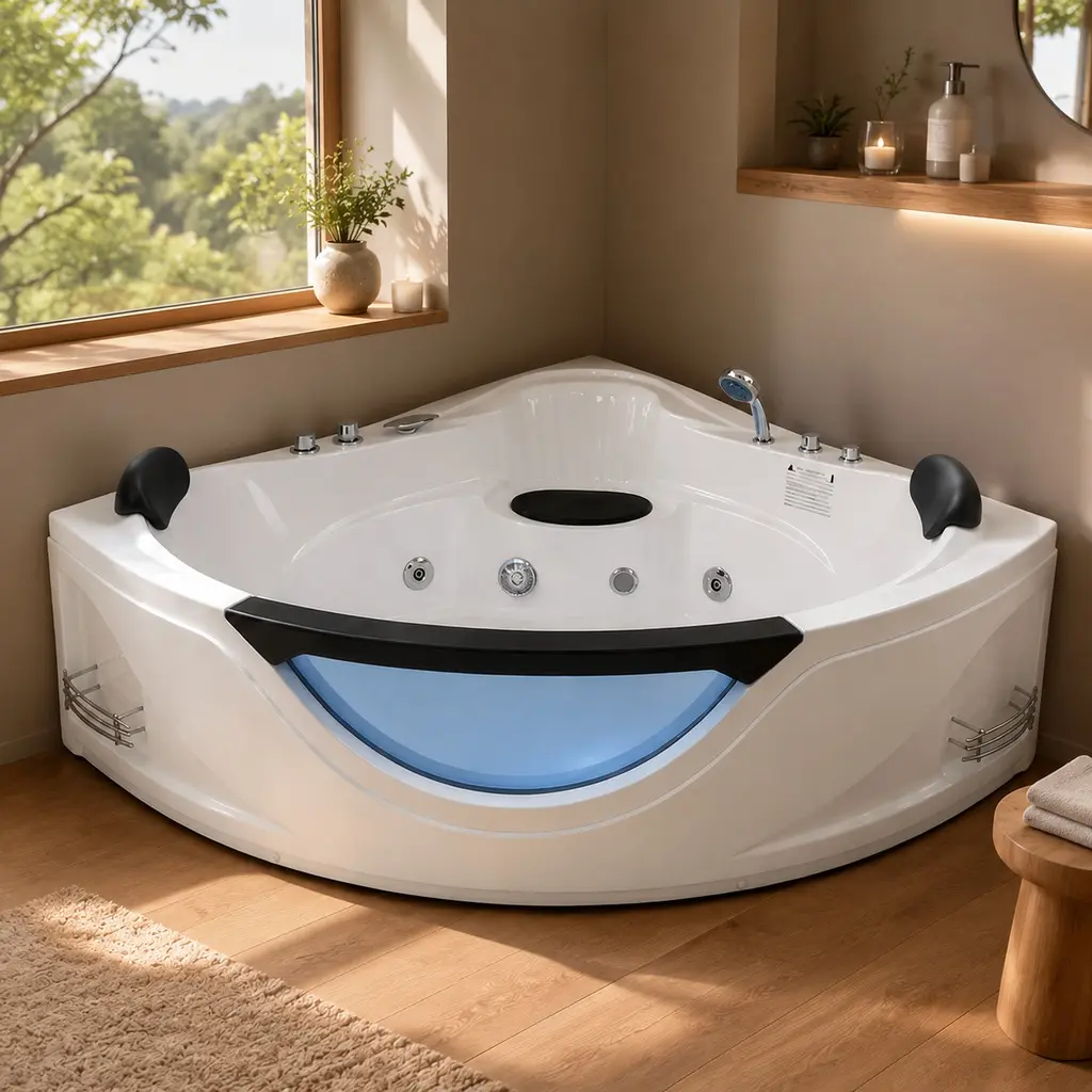 Modern 59-Inch Corner 2-Person Acrylic Jetted Bathtub, Whirlpool Spa Tub with 6 Hydro Massage Jets, Chromatherapy LED Lights, Pneumatic Adjust System, UL Certified Pump, UPC Certified Drainer, Milk White