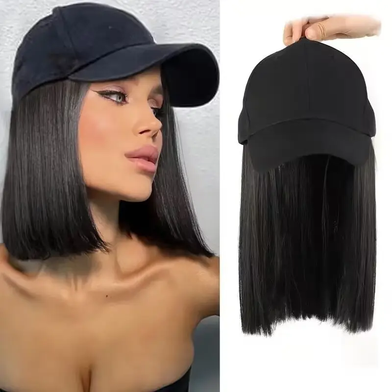 Women Hair Wig, Viral All In One Baseball Cap Wig, Seamless Integrated Hat Hairpiece, Solid Black Short Straight Synthetic Hair, High Temperature Fiber Sun Protection Wig for Daily Travel Street Casual Outfit Matching
