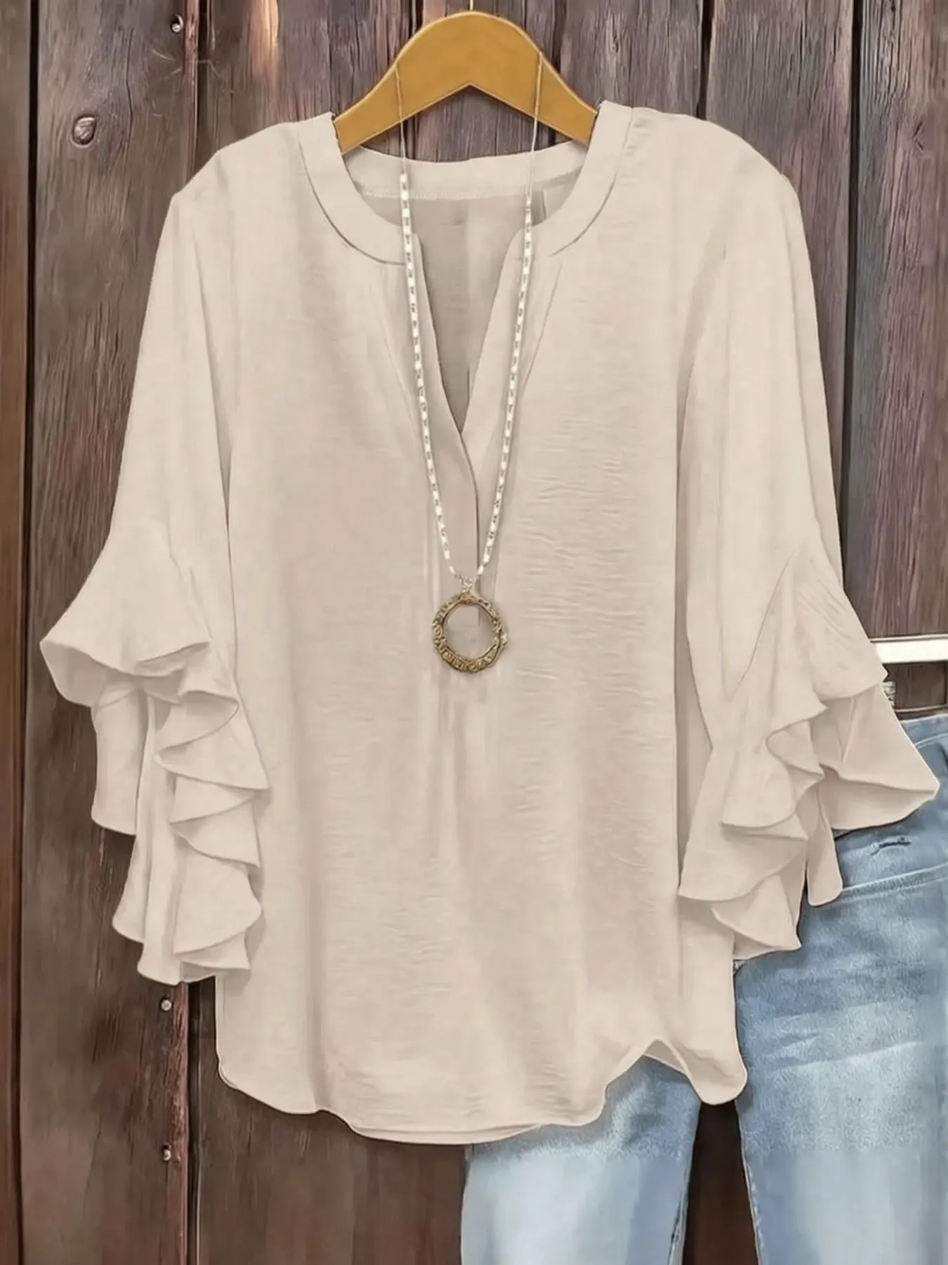 Women's Solid Color Open Neck Ruffle Sleeve Shirt, Summer Fashion Top, Casual Elegant Design, Perfect for Daily Wear