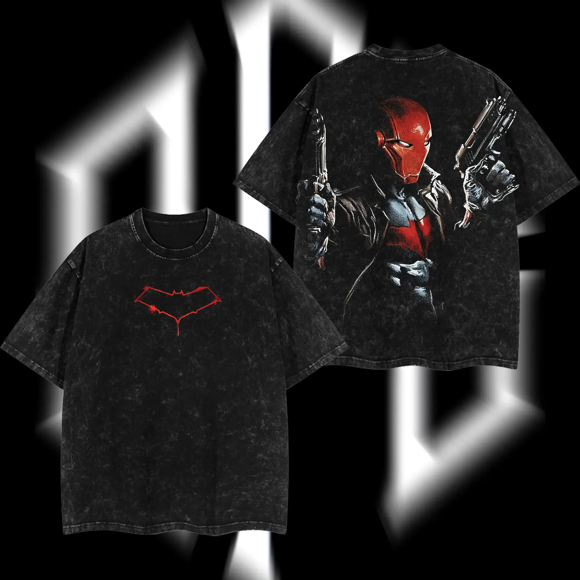 Retro Red Hood Blood Drip Red Bat Emblem Front Chest Print & Dual Pistol Muscular Red Hood Bust Character Dark Grunge Background Back Graphic Dual-Sided Vintage Washed Black T-Shirt, Unisex Oversized Heavyweight Cotton Streetwear Top