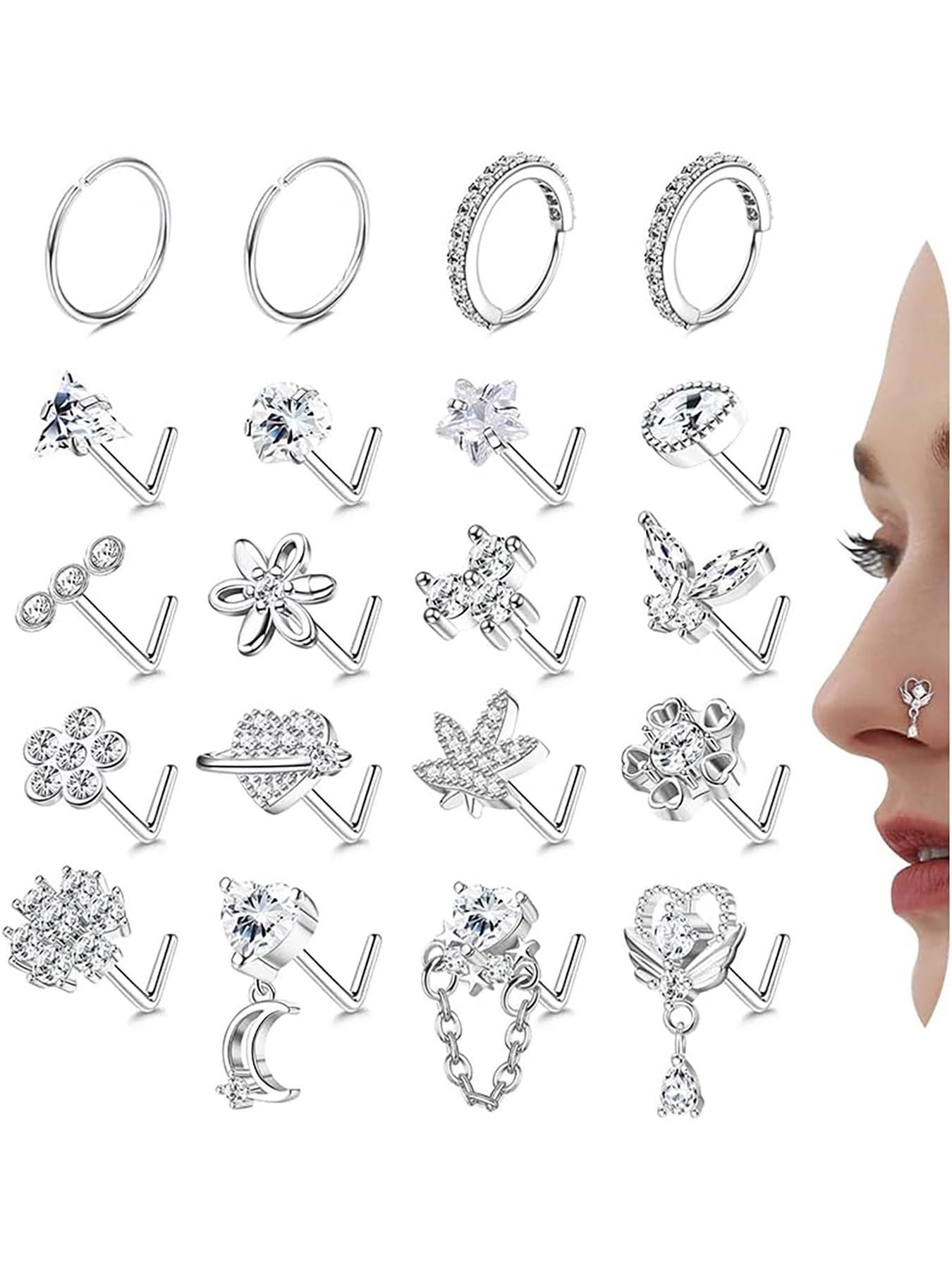 L Shaped Nose Ring, Stainless Steel Nose Studs Ring, Dangle CZ Butterfly Flower Nose Studs Hoops Piercings Jewelry Gift for Women Men, Nose Piercings Kit