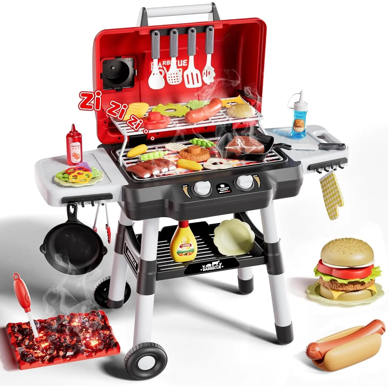 Kids Play Kitchen Toys, Kids BBQ Grill Playset，2-Tier Barbecue Toy with Wheels, Smoke Sound Light, Outdoor Play Food Toys Cooking Set, Birthday Gift for Toddlers 3-5Gift.