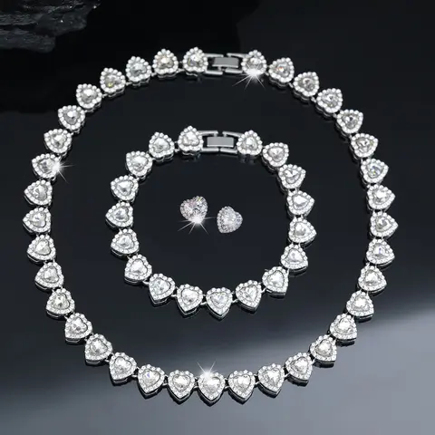 3pcs of Jewelry Set For Women,Exquisite Heart-Shaped Cuban Chain Nekclace With Mated Bracelet And Cubic Zirconia Studs Earrings, Luxurious Bridal Jewelry Set for Wedding,Hip Hop Chains Heart Jewelry,Unisex Valentine's Day Gift