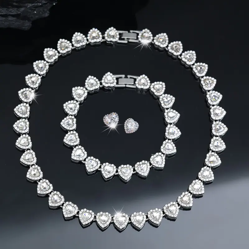3pcs of Jewelry Set For Women,Exquisite Heart-Shaped Cuban Chain Nekclace With Mated Bracelet And Cubic Zirconia Studs Earrings, Luxurious Bridal Jewelry Set for Wedding,Hip Hop Chains Heart Jewelry,Unisex Valentine's Day Gift