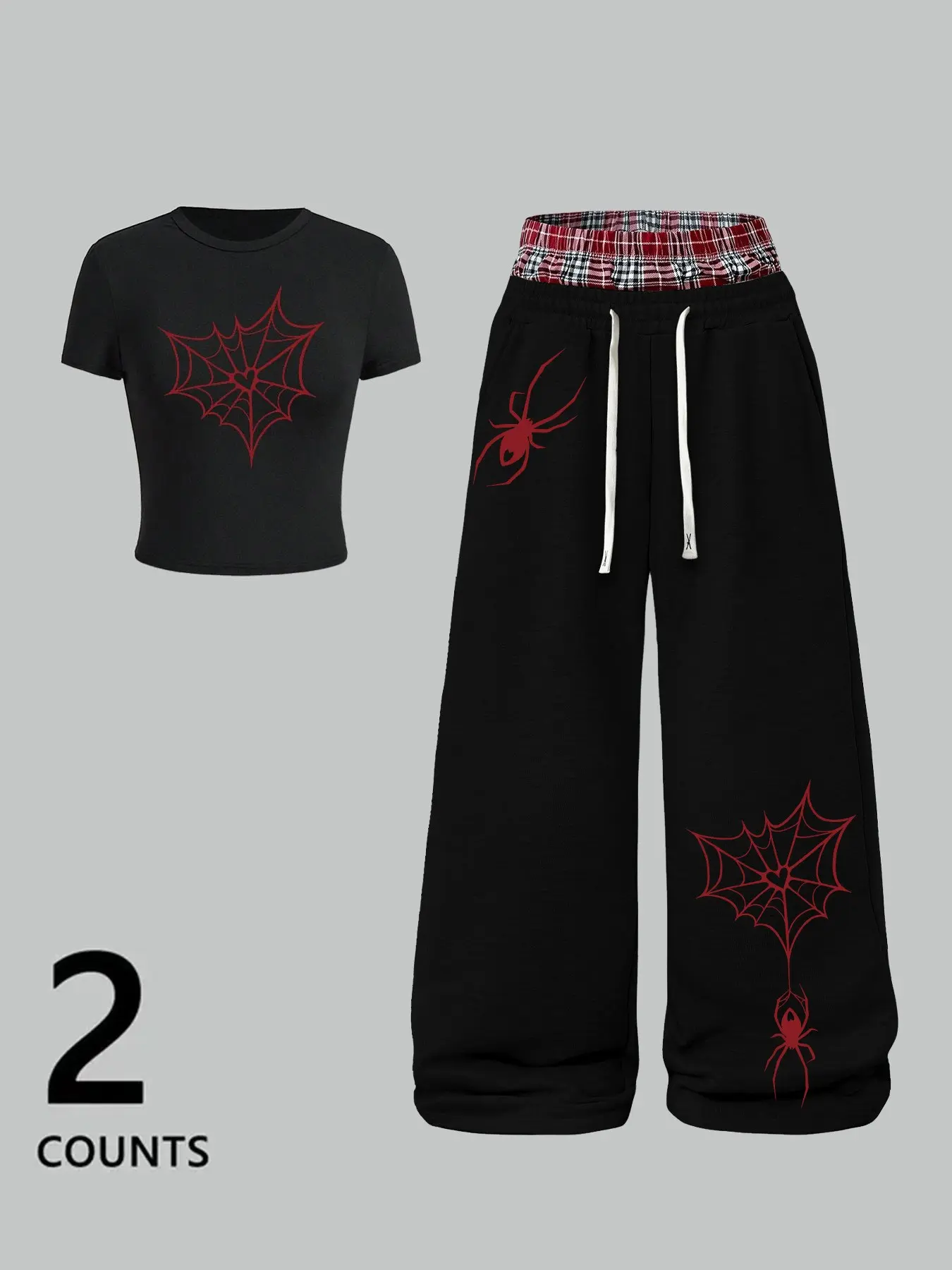 Women's Casual Fitted Round Neck Short Sleeve T-Shirt + Loose Straight Leg Pants Two Piece Set, Spider Print, Plaid Dual Waist Design, Comfortable, Clothes, Casual Loungewear Sets
