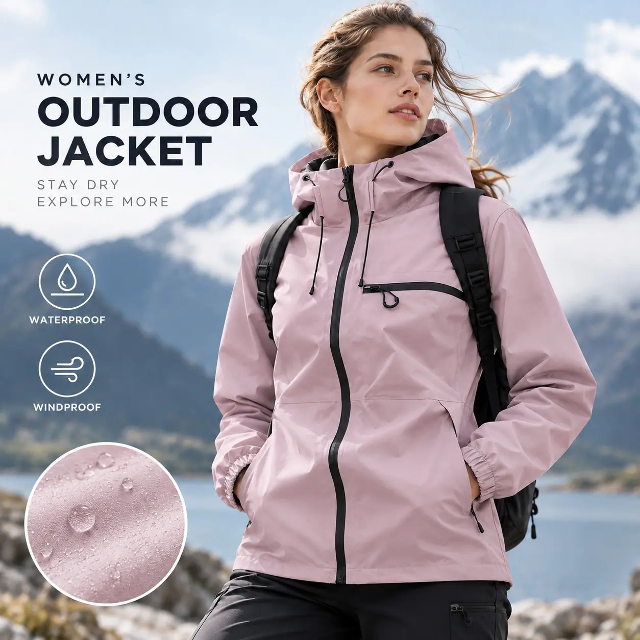 Women’s outdoor hooded hardshell jacket, waterproof and windproof fabric, adjustable hood with drawcord, multi-pocket functional design, versatile top for hiking, mountaineering, and commuting